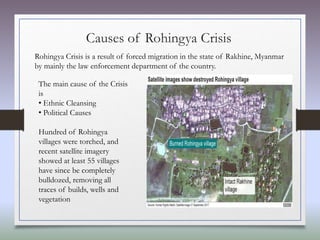 Causes of Rohingya Crisis
Rohingya Crisis is a result of forced migration in the state of Rakhine, Myanmar
by mainly the law enforcement department of the country.
The main cause of the Crisis
is
• Ethnic Cleansing
• Political Causes
Hundred of Rohingya
villages were torched, and
recent satellite imagery
showed at least 55 villages
have since be completely
bulldozed, removing all
traces of builds, wells and
vegetation
 