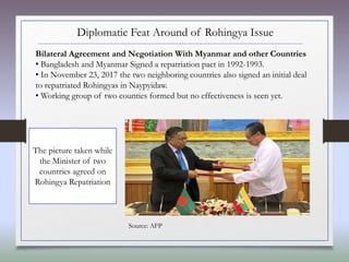 Diplomatic Feat Around of Rohingya Issue
Bilateral Agreement and Negotiation With Myanmar and other Countries
• Bangladesh and Myanmar Signed a repatriation pact in 1992-1993.
• In November 23, 2017 the two neighboring countries also signed an initial deal
to repatriated Rohingyas in Naypyidaw.
• Working group of two counties formed but no effectiveness is seen yet.
The picture taken while
the Minister of two
countries agreed on
Rohingya Repatriation
Source: AFP
 