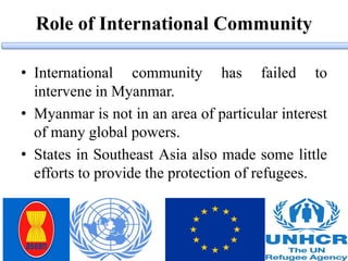 Role of International Community
• International community has failed to
intervene in Myanmar.
• Myanmar is not in an area of particular interest
of many global powers.
• States in Southeast Asia also made some little
efforts to provide the protection of refugees.
 