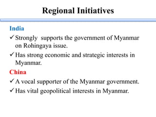 Regional Initiatives
India
Strongly supports the government of Myanmar
on Rohingaya issue.
Has strong economic and strategic interests in
Myanmar.
China
A vocal supporter of the Myanmar government.
Has vital geopolitical interests in Myanmar.
 