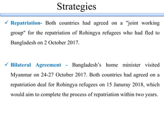 Strategies
 Repatriation- Both countries had agreed on a "joint working
group" for the repatriation of Rohingya refugees who had fled to
Bangladesh on 2 October 2017.
 Bilateral Agreement - Bangladesh’s home minister visited
Myanmar on 24-27 October 2017. Both countries had agreed on a
repatriation deal for Rohingya refugees on 15 Januray 2018, which
would aim to complete the process of repatriation within two years.
 