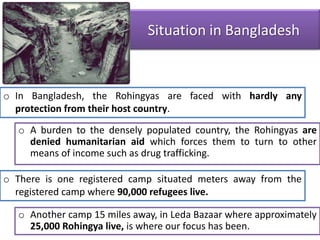 Situation in Bangladesh


o In Bangladesh, the Rohingyas are faced with hardly any
  protection from their host country.

   o A burden to the densely populated country, the Rohingyas are
     denied humanitarian aid which forces them to turn to other
     means of income such as drug trafficking.

o There is one registered camp situated meters away from the
  registered camp where 90,000 refugees live.

   o Another camp 15 miles away, in Leda Bazaar where approximately
     25,000 Rohingya live, is where our focus has been.
 