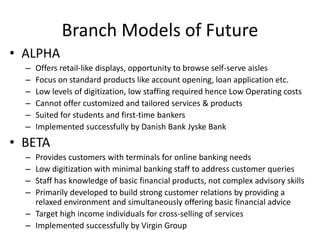 Branch Models of Future 
• ALPHA 
– Offers retail-like displays, opportunity to browse self-serve aisles 
– Focus on standard products like account opening, loan application etc. 
– Low levels of digitization, low staffing required hence Low Operating costs 
– Cannot offer customized and tailored services & products 
– Suited for students and first-time bankers 
– Implemented successfully by Danish Bank Jyske Bank 
• BETA 
– Provides customers with terminals for online banking needs 
– Low digitization with minimal banking staff to address customer queries 
– Staff has knowledge of basic financial products, not complex advisory skills 
– Primarily developed to build strong customer relations by providing a 
relaxed environment and simultaneously offering basic financial advice 
– Target high income individuals for cross-selling of services 
– Implemented successfully by Virgin Group 
 