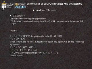 DEPARTMENT OF COMPUTER SCIENCE AND ENGINEERING
 Statement −
Let P and Q be two regular expressions.
If P does not contain null string, then R = Q + RP has a unique solution that is R
= QP*
 Arden's Theorem
Proof −
R = Q + (Q + RP)P [After putting the value R = Q + RP]
= Q + QP + RPP
When we put the value of R recursively again and again, we get the following
equation −
R = Q + QP + QP2 + QP3…..
R = Q (ε + P + P2 + P3 + …. )
R = QP* [As P* represents (ε + P + P2 + P3 + ….) ]
Hence, proved.
 
