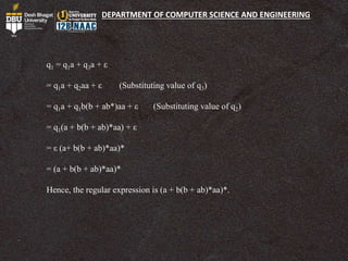 DEPARTMENT OF COMPUTER SCIENCE AND ENGINEERING
q1 = q1a + q3a + ε
= q1a + q2aa + ε (Substituting value of q3)
= q1a + q1b(b + ab*)aa + ε (Substituting value of q2)
= q1(a + b(b + ab)*aa) + ε
= ε (a+ b(b + ab)*aa)*
= (a + b(b + ab)*aa)*
Hence, the regular expression is (a + b(b + ab)*aa)*.
 