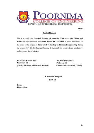 DEPARTMENT OF ELECTRICAL ENGINEERING
Date:
CERTIFICATE
This is to certify that Practical Training & Industrial Visit report titled Wires and
Cables has been submitted by Rohit Chouhan PCE16EE135 in partial fulfillment for
the award of the Degree of Bachelor of Technology in Electrical Engineering during
the session 2019-20. The Practical Training & Industrial visit work is found satisfactory
and approved for submission.
Dr. Babita Kumari Jain Dr. Amit Shrivastava
Professor, EE Professor-EE
(Faculty Incharge - Industrial Training) Coordinator-Industrial Training
Dr. Virendra Sangtani
HoD, EE
Date: ________
Place: Jaipur
iv
 