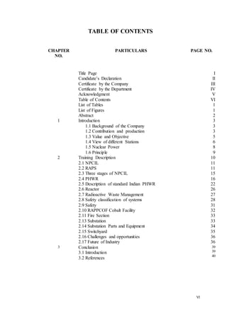 VI
TABLE OF CONTENTS
CHAPTER
NO.
PARTICULARS PAGE NO.
Title Page I
Candidate’s Declaration II
Certificate by the Company III
Certificate by the Department IV
Acknowledgment V
Table of Contents VI
List of Tables 1
List of Figures 1
Abstract 2
1 Introduction
1.1 Background of the Company
1.2 Contribution and production
1.3 Value and Objective
1.4 View of different Stations
1.5 Nuclear Power
1.6 Principle
3
3
3
5
6
8
9
2 Training Description
2.1 NPCIL
2.2 RAPS
2.3 Three stages of NPCIL
2.4 PHWR
2.5 Description of standard Indian PHWR
2.6 Reactor
2.7 Radioactive Waste Management
2.8 Safety classification of systems
2.9 Safety
2.10 RAPPCOF Cobalt Facility
2.11 Fire Section
2.13 Substation
2.14 Substation Parts and Equipment
2.15 Switchyard
2.16 Challenges and opportunities
2.17 Future of Industry
10
11
11
15
16
22
26
27
28
31
32
33
33
34
35
36
36
3 Conclusion
3.1 Introduction
3.2 References
39
39
40
 
