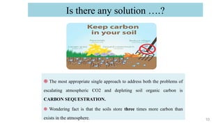 10
Is there any solution ….?
֍ The most appropriate single approach to address both the problems of
escalating atmospheric CO2 and depleting soil organic carbon is
CARBON SEQUESTRATION.
֍ Wondering fact is that the soils store three times more carbon than
exists in the atmosphere.
 