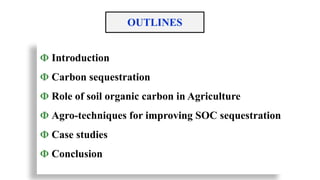 OUTLINES
Φ Introduction
Φ Carbon sequestration
Φ Role of soil organic carbon in Agriculture
Φ Agro-techniques for improving SOC sequestration
Φ Case studies
Φ Conclusion
 