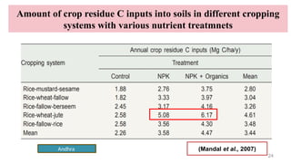 24
Amount of crop residue C inputs into soils in different cropping
systems with various nutrient treatmnets
(Mandal et al., 2007)
Andhra
 