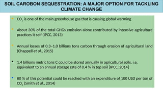 4
 CO2 is one of the main greenhouse gas that is causing global warming
 About 30% of the total GHGs emission alone contributed by intensive agriculture
practices it self (IPCC, 2013)
 Annual losses of 0.3–1.0 billions tons carbon through erosion of agricultural land
(Chappell et al., 2015)
 1.4 billions metric tons C could be stored annually in agricultural soils, i.e.
equivalent to an annual storage rate of 0.4 % in top soil [IPCC, 2014]
 80 % of this potential could be reached with an expenditure of 100 USD per ton of
CO2 (Smith et al., 2014)
SOIL CAROBON SEQUESTRATION: A MAJOR OPTION FOR TACKLING
CLIMATE CHANGE
 