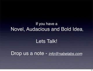 If you have a
Novel, Audacious and Bold Idea,

           Lets Talk!

Drop us a note - info@nabelabs.com


                                     54
 