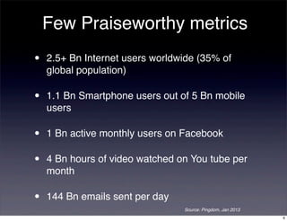 Few Praiseworthy metrics
•   2.5+ Bn Internet users worldwide (35% of
    global population)

•   1.1 Bn Smartphone users out of 5 Bn mobile
    users

•   1 Bn active monthly users on Facebook

•   4 Bn hours of video watched on You tube per
    month

•   144 Bn emails sent per day
                                 Source: Pingdom, Jan 2013
                                                             6
 