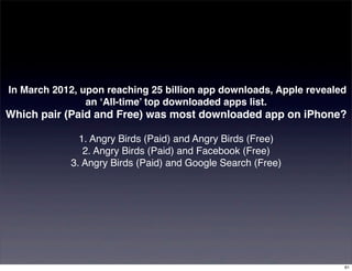  In March 2012, upon reaching 25 billion app downloads, Apple revealed
                 an ‘All-time’ top downloaded apps list.
Which pair (Paid and Free) was most downloaded app on iPhone?

               1. Angry Birds (Paid) and Angry Birds (Free)
                2. Angry Birds (Paid) and Facebook (Free)
             3. Angry Birds (Paid) and Google Search (Free)




                                                                     61
 