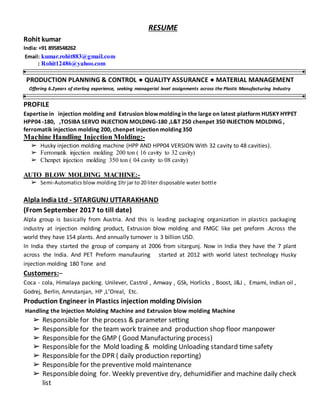 RESUME
Rohit kumar
India: +91 8958548262
Email: kumar.rohit883@gmail.com
: Rohit12486@yahoo.com
PRODUCTION PLANNING & CONTROL ● QUALITY ASSURANCE ● MATERIAL MANAGEMENT
Offering 6.2years of sterling experience, seeking managerial level assignments across the Plastic Manufacturing Industry
PROFILE
Expertise in injection molding and Extrusion blowmolding in the large on latest platform HUSKY HYPET
HPP04 -180, ,TOSIBA SERVO INJECTION MOLDING-180 ,L&T 250 chenpet 350 INJECTION MOLDING ,
ferromatik injection molding 200, chenpet injection molding 350
Machine Handling Injection Molding:-
➢ Husky injection molding machine (HPP AND HPP04 VERSION With 32 cavity to 48 cavities).
➢ Ferromatik injection molding 200 ton ( 16 cavity to 32 cavity)
➢ Chenpet injection molding 350 ton ( 04 cavity to 08 cavity)
AUTO BLOW MOLDING MACHINE:-
➢ Semi-Automatics blow molding 1ltr jar to 20 liter disposable water bottle
Alpla India Ltd - SITARGUNJ UTTARAKHAND
(From September 2017 to till date)
Alpla group is basically from Austria. And this is leading packaging organization in plastics packaging
industry at injection molding product, Extrusion blow molding and FMGC like pet preform .Across the
world they have 154 plants. And annually turnover is 3 billion USD.
In India they started the group of company at 2006 from sitargunj. Now in India they have the 7 plant
across the India. And PET Preform manufauring started at 2012 with world latest technology Husky
injection molding 180 Tone and
Customers:–
Coca - cola, Himalaya packing. Unilever, Castrol , Amway , GSk, Horlicks , Boost, J&J , Emami, Indian oil ,
Godrej, Berlin, Amrutanjan, HP ,L’Oreal, Etc.
Production Engineer in Plastics injection molding Division
Handling the Injection Molding Machine and Extrusion blow molding Machine
➢ Responsible for the process & parameter setting
➢ Responsible for the team work trainee and production shop floor manpower
➢ Responsible for the GMP ( Good Manufacturing process)
➢ Responsible for the Mold loading & molding Unloading standard time safety
➢ Responsible for the DPR ( daily production reporting)
➢ Responsible for the preventive mold maintenance
➢ Responsibledoing for. Weekly preventive dry, dehumidifier and machine daily check
list
 