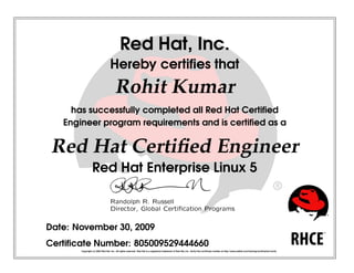Red Hat, Inc.
Hereby certiﬁes that
Rohit Kumar
has successfully completed all Red Hat Certiﬁed
Engineer program requirements and is certiﬁed as a
Red Hat Certiﬁed Engineer
Red Hat Enterprise Linux 5
 
¡¢
£¤
¥
¦§
 
¨
 
©


¥
¥




¤


¥
¤

¡
¥




!

¡


¤
¢


¤
#

¡$

Date: November 30, 2009
Certiﬁcate Number: 805009529444660
Copyright (c) 2003 Red Hat, Inc. All rights reserved. Red Hat is a registered trademark of Red Hat, Inc. Verify this certiﬁcate number at http://www.redhat.com/training/certiﬁcation/verify
 