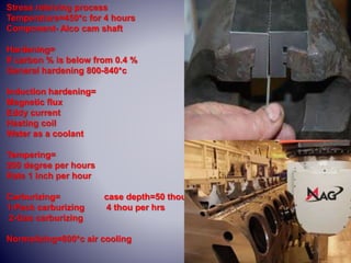 Stress releiving process
Temperature=450*c for 4 hours
Component- Alco cam shaft
Hardening=
If carbon % is below from 0.4 %
General hardening 800-840*c
Induction hardening=
Magnetic flux
Eddy current
Heating coil
Water as a coolant
Tempering=
200 degree per hours
Rate 1 inch per hour
Carburizing= case depth=50 thou
1-Pack carburizing 4 thou per hrs
2-Gas carburizing
Normalizing=800*c air cooling
 