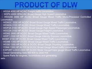 WDG4 4000 HP AC/AC Freight traffic Locomotive
WDP4 4000 HPAC/AC Broad Gauge High Speed Locomotive
WDG3D 3400 HP AC/AC Broad Gauge Mixed Traffic Micro-Processor Controlled
Locomotive.
WDM3C 3300 HP AC/DC Broad Broad Gauge Mixed Traffic Locomotive.
WDM3A 3100 HP AC/DC Broad Gauge Mixed Traffic Locomotive.
WDP3A 3100 HP AC/DC Broad Gauge High Speed Passenger Locomotive.
WDG3A 3100 HP AC/DC Broad Gauge Freight Locomotive.
WDM2 2600 HP AC/DC Broad Gauge Mixed Traffic Locomotive.
WDP1 2300 HP AC/DC Broad Gauge Intercity Express Locomotive.
WDM7 2150 HP DC/DC Broad Gauge Mixed Traffic Locomotive.
WDM6 1350 HP DC/DC Broad Gauge Mixed Traffic Locomotive.
WDS6 1350 HP AC/DC & DC/DC Broad Gauge Shunting Locomotive.
YDM4 1350 HP AC/DC & DC/DC Broad Gauge Mixed traffic Locomotive.
EXPORT LOCO 2300 HP AC/DC Meter Gauge/Cape gauge Mixed Traffic Locomotive.
Diesel Generating Sets 800 KW to 2500 KW
Spare Parts for engines, locomotives and generating
sets .
 