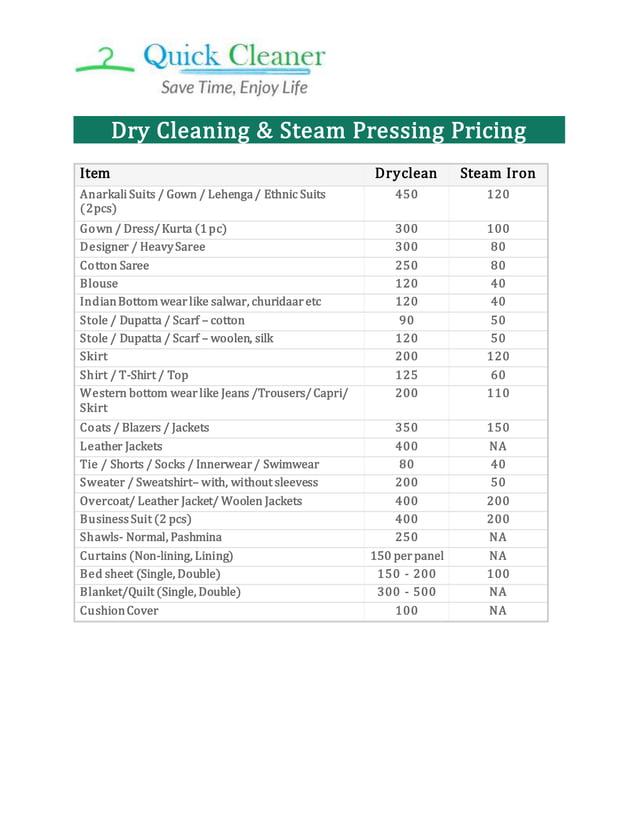 Drycleaning prices Quick Cleaner 9717681153 PDF