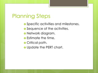 Planning Steps 
 Specific activities and milestones. 
 Sequence of the activities. 
 Network diagram. 
 Estimate the time. 
 Critical path. 
 Update the PERT chart. 
 