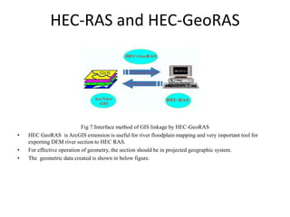 HEC-RAS and HEC-GeoRAS
Fig 7:Interface method of GIS linkage by HEC-GeoRAS
• HEC GeoRAS is ArcGIS extension is useful for river floodplain mapping and very important tool for
exporting DEM river section to HEC RAS.
• For effective operation of geometry, the section should be in projected geographic system.
• The geometric data created is shown in below figure.
 