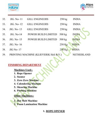 32. JIG. No- 11 GILL ENGINEERS 250 kg INDIA
33. JIG. No- 12 GILL ENGINEERS 250 kg INDIA
34. JIG. No- 13 GILL ENGINEERS 250 kg INDIA
35. JIG. No-14 POWER BUILD LIMITED 500 kg INDIA
36. JIG. No- 15 POWER BUILD LIMITED 500 kg INDIA
37. JIG. No- 16 250 Kg INDIA
38. JIG No- 17 250 Kg INDIA
39. PRINTING MACHINE (KLIEVERIK Heli B.V.) NETHERLAND
FINISHING DEPARTMENT
Machines Used:-
1. Rope Opener
2. Stenter
3. Zero Zero Machine
4. Calendering Machine
5. Shearing Machine
6. Pitching Machine
Other Machines:-
1. Hot Melt Machine
2. Foam Lamination Machine
1. ROPE OPENER
 