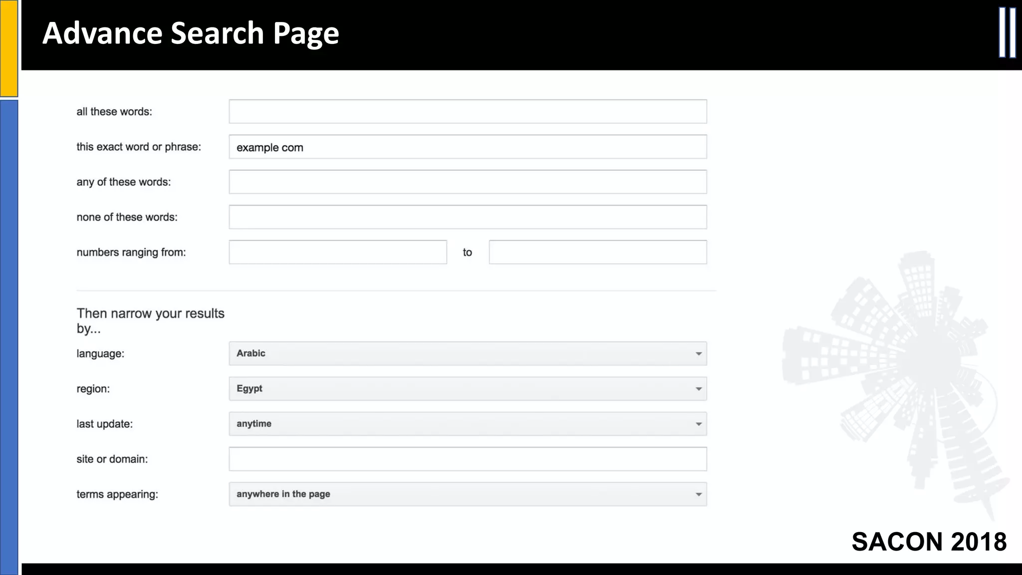SACON 2018
Advance Search Page
 