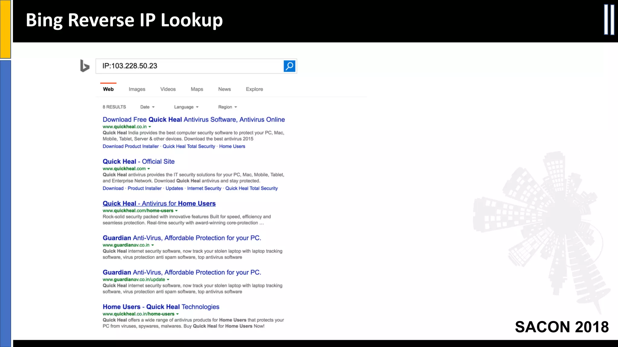 SACON 2018
Bing Reverse IP Lookup
 
