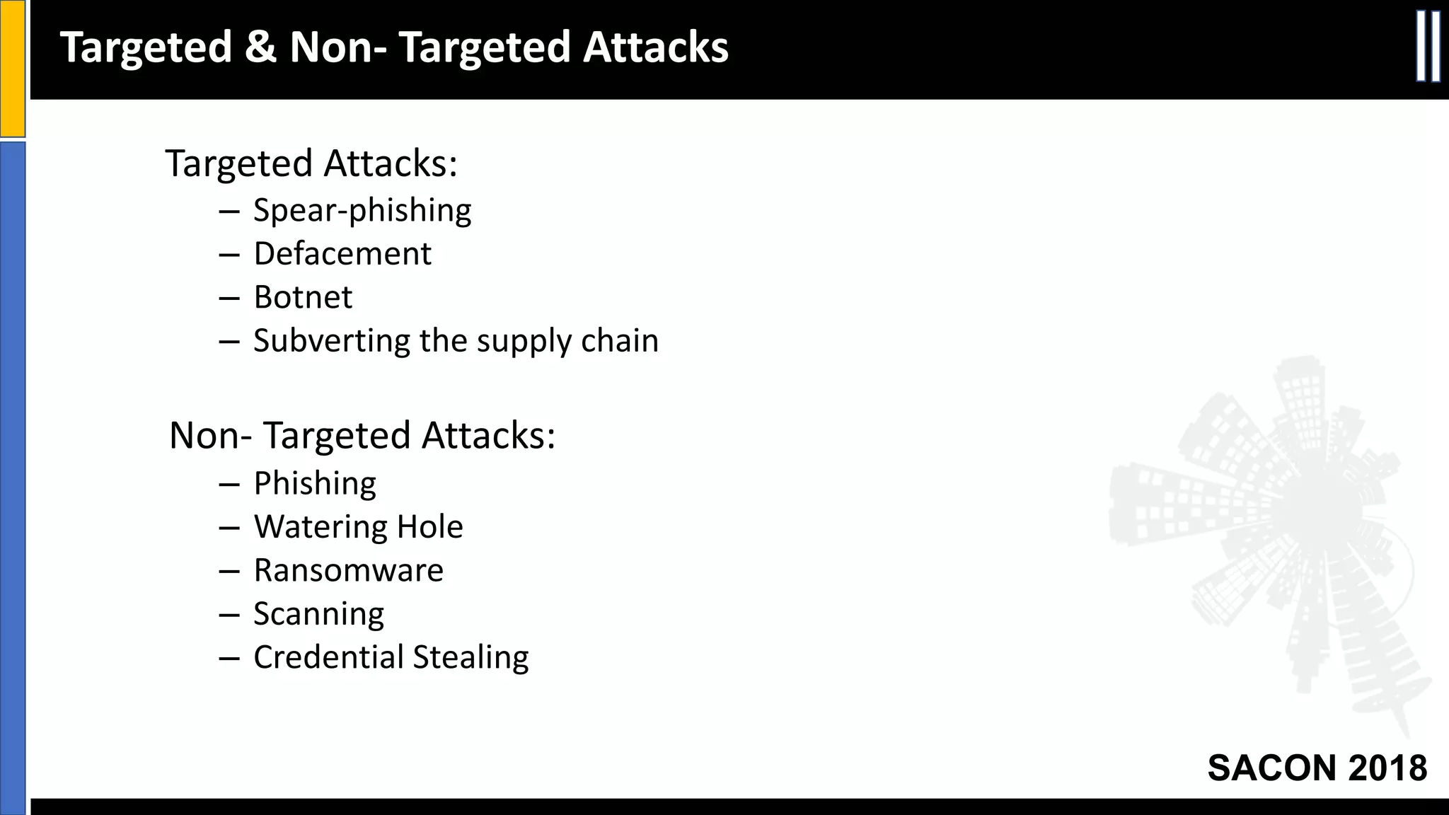 SACON 2018
Targeted Attacks:
– Spear-phishing
– Defacement
– Botnet
– Subverting the supply chain
Non- Targeted Attacks:
– Phishing
– Watering Hole
– Ransomware
– Scanning
– Credential Stealing
Targeted & Non- Targeted Attacks
 