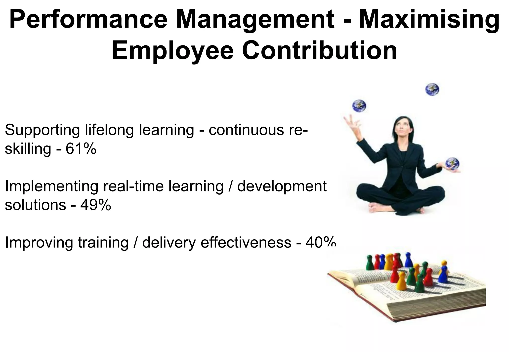 Performance Management - Maximising
       Employee Contribution

Supporting lifelong learning - continuous re-
skilling - 61%

Implementing real-time learning / development
solutions - 49%

Improving training / delivery effectiveness - 40%
 