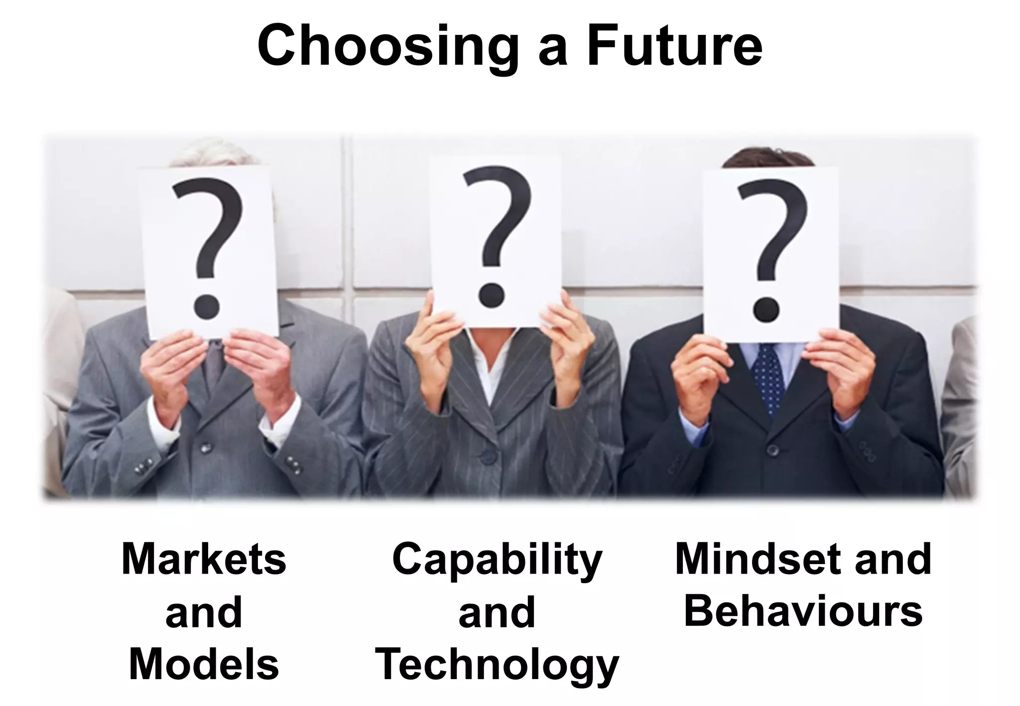 Choosing a Future




Markets    Capability   Mindset and
 and         and        Behaviours
Models    Technology
 