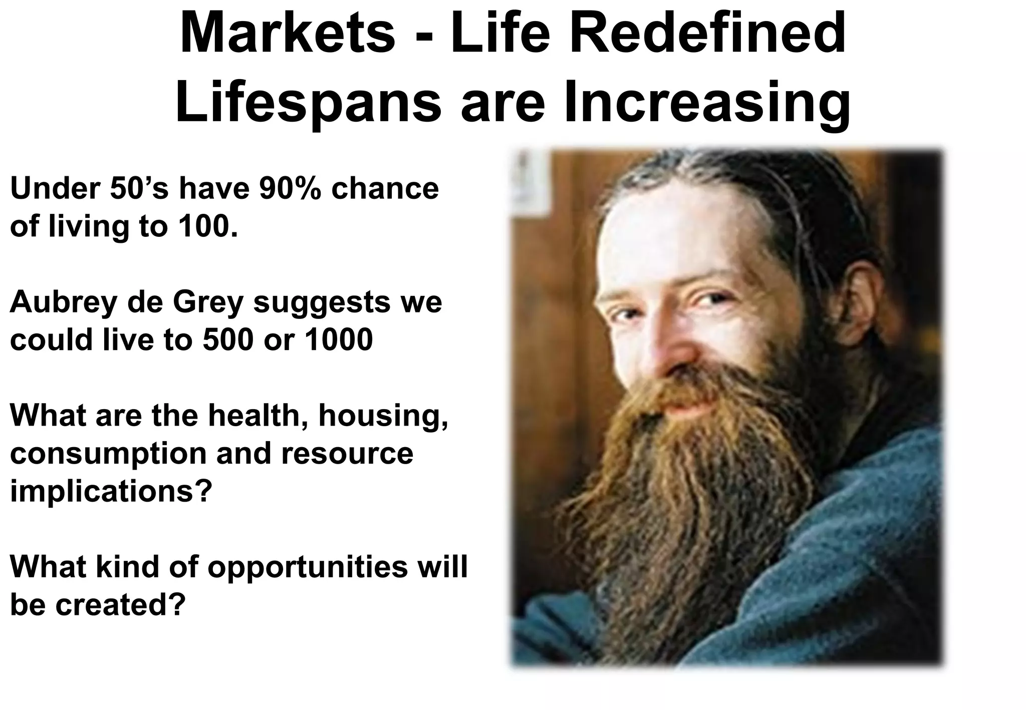Markets - Life Redefined
           Lifespans are Increasing
Under 50’s have 90% chance
of living to 100.

Aubrey de Grey suggests we
could live to 500 or 1000

What are the health, housing,
consumption and resource
implications?

What kind of opportunities will
be created?
 