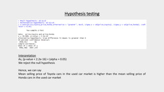 Hypothesis testing
Interpretation
As, (p-value < 2.2e-16) < (alpha = 0.05)
We reject the null hypothesis
Hence, we can say
Mean selling price of Toyota cars in the used car market is higher than the mean selling price of
Honda cars in the used car market
 
