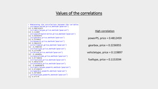 Values of the correlations
High correlation
powerPS, price = 0.4812459
gearbox, price = 0.2236955
vehicletype, price = 0.119897
fueltype, price = 0.1153594
 