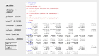 VIF values
vehicletype =
1.028207
gearbox = 1.166104
powerPS = 1.190127
kilometer = 1.019822
fueltype = 1.060202
brand = 1.081085
postalcode = 1.008306
VIF < 5,
No collinearity
problem
 