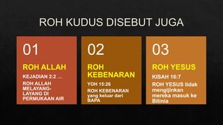 ROH ALLAH
KEJADIAN 2:2 …
ROH ALLAH
MELAYANG-
LAYANG DI
PERMUKAAN AIR
01
ROH
KEBENARAN
YOH 15:26
ROH KEBENARAN
yang keluar dari
BAPA
02
ROH YESUS
KISAH 16:7
ROH YESUS tidak
mengijinkan
mereka masuk ke
Bitinia
03