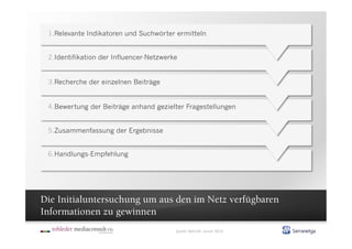 1. Relevante Indikatoren und Suchwörter ermitteln


 2. Identifikation der Influencer-Netzwerke


 3. Recherche der einzelnen Beiträge


 4. Bewertung der Beiträge anhand gezielter Fragestellungen


 5. Zusammenfassung der Ergebnisse


 6. Handlungs-Empfehlung




Die Initialuntersuchung um aus den im Netz verfügbaren
Informationen zu gewinnen
                                          Quelle: Netcraft, Januar 2010
 