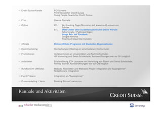  Credit Suisse-Kanäle      POI-Screens
                             Print-Newsletter Credit Suisse
                             Young People-Newsletter Credit Suisse

  Print                     Diverse Formate

  Online                    ATL    Key Landing Page (Microsite) auf www.credit-suisse.com
                                    Banner
                             BTL    eNewsletter über studentenspezifische Online-Portale
                                    Advertorials / Publireportagen
                                    Image Ads auf Facebook
                                    Google Adwords
                                    Ricardo.ch (Guerilla-Inserate)

  Affiliate                 Online Affiliate-Programm mit Studenten-Organisationen

  Direktmarketing           Hochschulsport-Mailing an verschiedenen Hochschulen

  Promotionen               Verteilaktionen an Universitäten und Fachhochschulen
                             HR Marketing und Swiss-Schokolade, Kontoeröffnungen war vor Ort möglich

  Aktivitäten               Filialeröffnung ETH Lausanne mit Verteilung von Flyern und Swiss-Schokolade,
                             Roll-Up Banner, Kontoeröffnungen war vor Ort möglich

  Rundfunk.fm (Affiliate)   Website, Newsletter und Webradio-Player: Integration als "Supergönner".
                             Redaktionelle Integration

  Event-Präsenz             Integration als "Supergönner“

  Crossmarketing / Varia    Booking-Site auf swiss.com




Kannäle und Aktivitäten
 