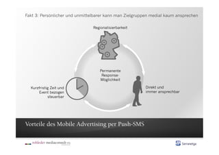 Fakt 3: Persönlicher und unmittelbarer kann man Zielgruppen medial kaum ansprechen

                                Regionalisierbarkeit




                                   Permanente
                                    Response-
                                   Möglichkeit

  Kurzfristig Zeit und                                   Direkt und
      Event bezogen                                      immer ansprechbar
            steuerbar




Vorteile des Mobile Advertising per Push-SMS
 
