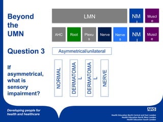 Developing people for
health and healthcare
LMN NM
J
Muscl
e
NM
J
Muscl
e
AHC BrainRoot Plexu
s
Nerve Nerve
s
Beyond
the
UMN
Question 3
If
asymmetrical,
what is
sensory
impairment?
Asymmetrical/unilateral
NORMAL
DERMATOMA
L
DERMATOMA
L
NERVE
 