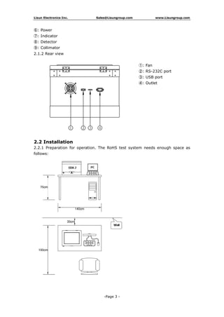 Lisun Electronics Inc. Sales@Lisungroup.com www.Lisungroup.com
-Page 3 -
⑥: Power
⑦: Indicator
⑧: Detector
⑨: Collimator
2.1.2 Rear view
①: Fan
②: RS-232C port
③: USB port
④: Outlet
2.2 Installation
2.2.1 Preparation for operation. The RoHS test system needs enough space as
follows:
 