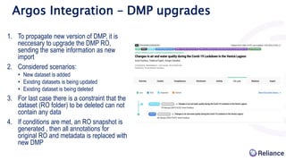 Argos Integration – DMP upgrades
1. To propagate new version of DMP, it is
neccesary to upgrade the DMP RO,
sending the same information as new
import
2. Considered scenarios:
• New dataset is added
• Existing datasets is being updated
• Existing dataset is being deleted
3. For last case there is a constraint that the
dataset (RO folder) to be deleted can not
contain any data
4. If conditions are met, an RO snapshot is
generated , then all annotations for
original RO and metadata is replaced with
new DMP
 