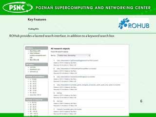 Key Features
Finding ROs
6
ROHubprovidesa facetedsearchinterface,in additiontoa keywordsearch box
 