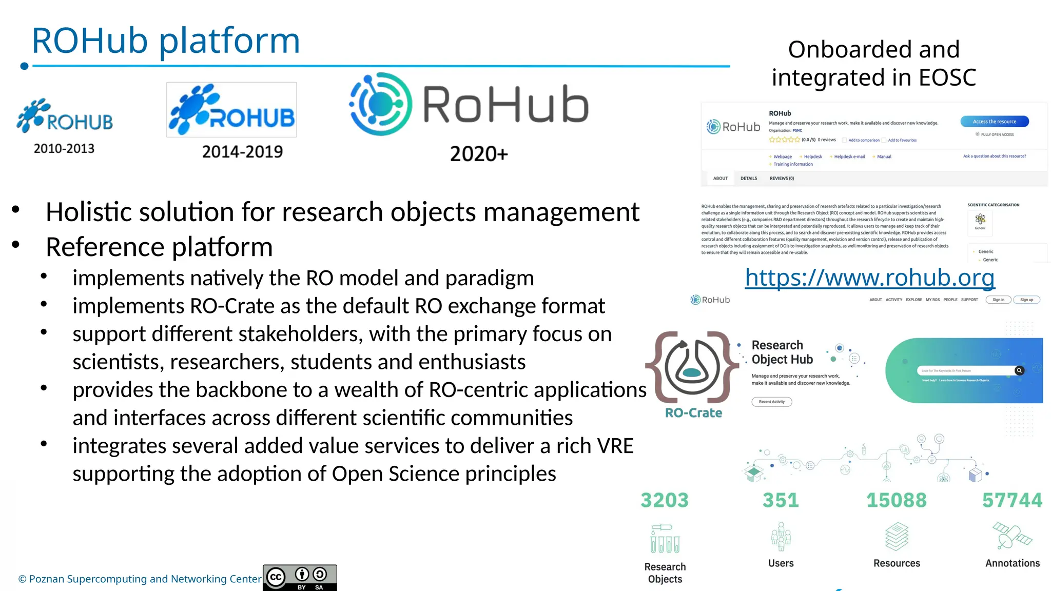 © Poznan Supercomputing and Networking Center
ROHub platform
• Holistic solution for research objects management
• Reference platform
• implements natively the RO model and paradigm
• implements RO-Crate as the default RO exchange format
• support different stakeholders, with the primary focus on
scientists, researchers, students and enthusiasts
• provides the backbone to a wealth of RO-centric applications
and interfaces across different scientific communities
• integrates several added value services to deliver a rich VRE
supporting the adoption of Open Science principles
https://www.rohub.org
/
Onboarded and
integrated in EOSC
 