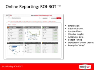 Online Reporting: ROI-BOT ™
• Single Login
• Clean Interface
• Custom Alerts
• Valuable Insights
• Actionable Data
• Budget Tuning
• Support For Dealer Groups
• Enterprise Views*
Introducing ROI-BOT™
 