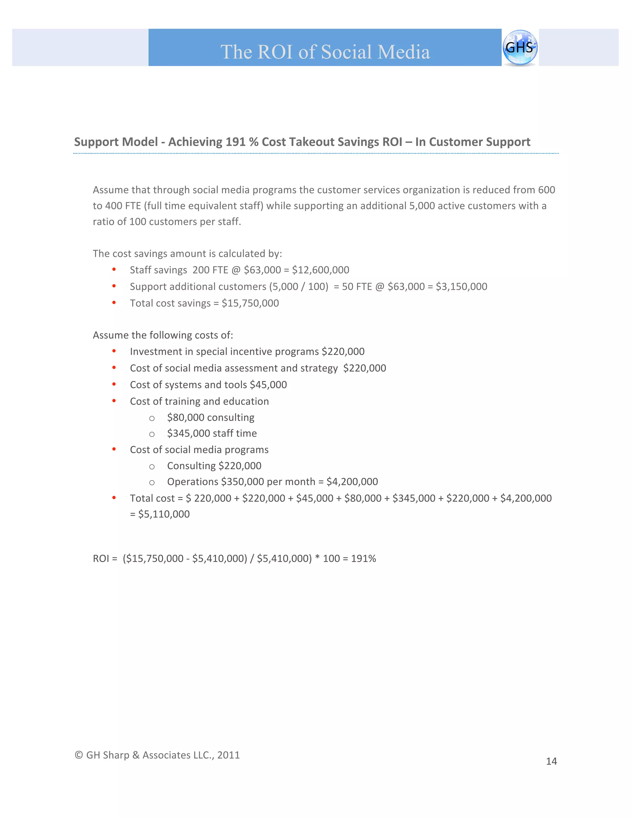       
 
                                                The ROI of Social Media
 

 

Support Model ‐ Achieving 191 % Cost Takeout Savings ROI – In Customer Support                                                                                   
 

         Assume that through social media programs the customer services organization is reduced from 600 
         to 400 FTE (full time equivalent staff) while supporting an additional 5,000 active customers with a 
         ratio of 100 customers per staff. 
          
         The cost savings amount is calculated by: 
             • Staff savings  200 FTE @ $63,000 = $12,600,000 
             • Support additional customers (5,000 / 100)  = 50 FTE @ $63,000 = $3,150,000 
             • Total cost savings = $15,750,000 
                   
         Assume the following costs of: 
             • Investment in special incentive programs $220,000 
             • Cost of social media assessment and strategy  $220,000 
             • Cost of systems and tools $45,000 
             • Cost of training and education 
                      o $80,000 consulting 
                      o $345,000 staff time 
             • Cost of social media programs 
                      o Consulting $220,000 
                      o Operations $350,000 per month = $4,200,000 
             • Total cost = $ 220,000 + $220,000 + $45,000 + $80,000 + $345,000 + $220,000 + $4,200,000 
                  = $5,110,000 
          
         ROI =  ($15,750,000 ‐ $5,410,000) / $5,410,000) * 100 = 191%  
 

 

                                                  




© GH Sharp & Associates LLC., 2011                                                                                                                                             
                                                                                                                                                         14 
 
 