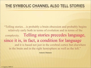 “ Telling stories…is probably a brain obsession and probably begins relatively early both in terms of evolution and in terms of the complexity.   Telling stories precedes language, since it is, in fact, a condition for language ,  and it is based not just in the cerebral cortex but elsewhere in the brain and in the right hemisphere as well as the left.”   Antonio Damasio © Capacity 2000 CC 