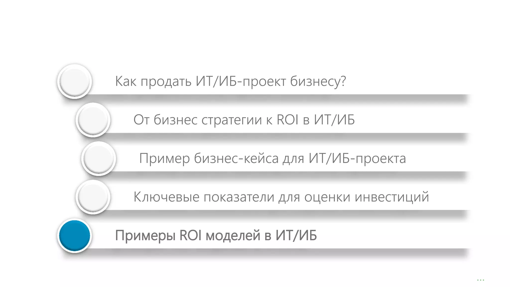 Примеры ROI моделей в ИТ/ИБ
Как продать ИТ/ИБ-проект бизнесу?

От бизнес стратегии к ROI в ИТ/ИБ
Пример бизнес-кейса для ИТ/ИБ-проекта

Ключевые показатели для оценки инвестиций
Примеры ROI моделей в ИТ/ИБ
1

…

 