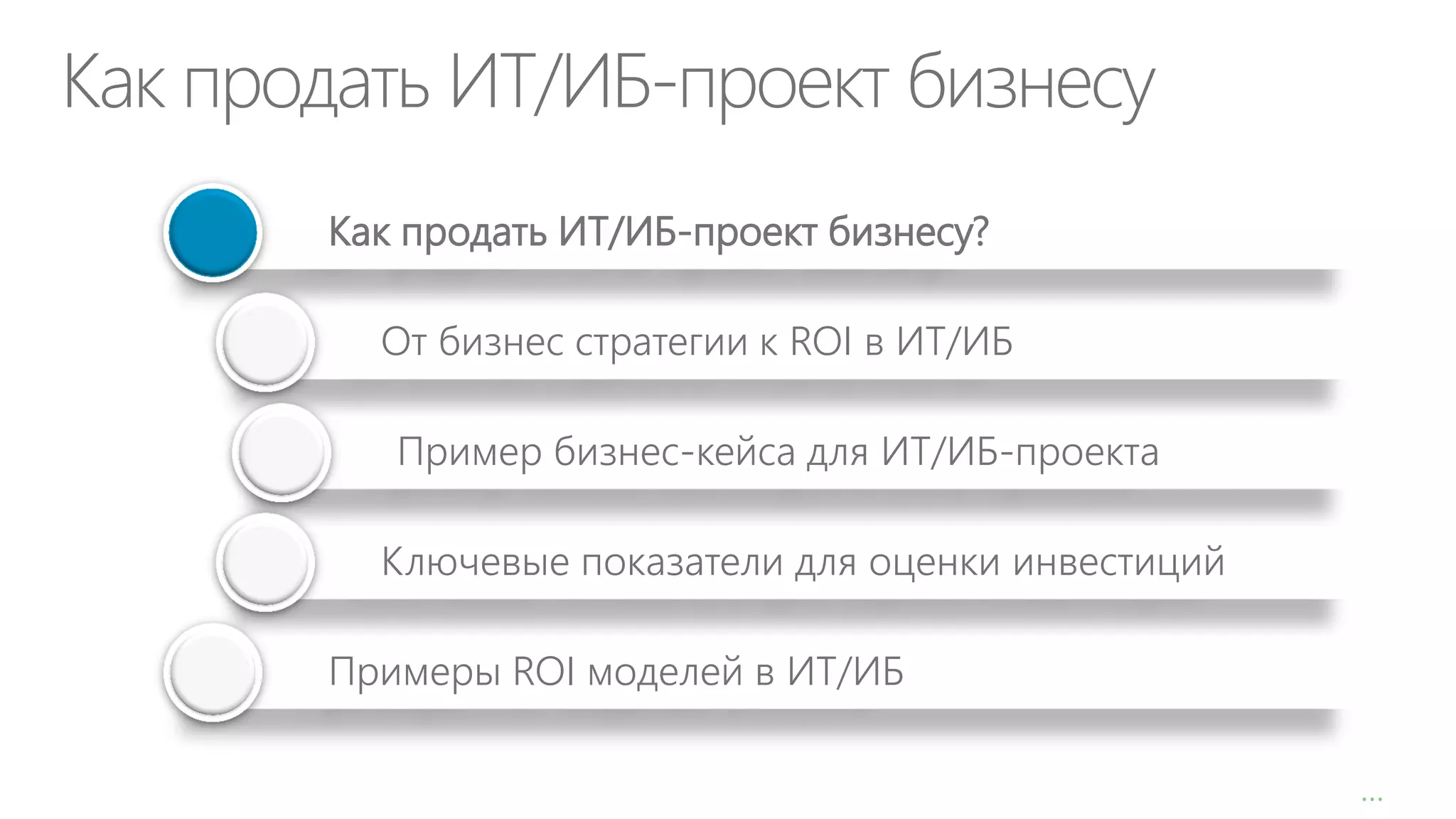 Как продать ИТ/ИБ-проект бизнесу
Как продать ИТ/ИБ-проект бизнесу?

От бизнес стратегии к ROI в ИТ/ИБ
Пример бизнес-кейса для ИТ/ИБ-проекта

Ключевые показатели для оценки инвестиций
Примеры ROI моделей в ИТ/ИБ
…

 