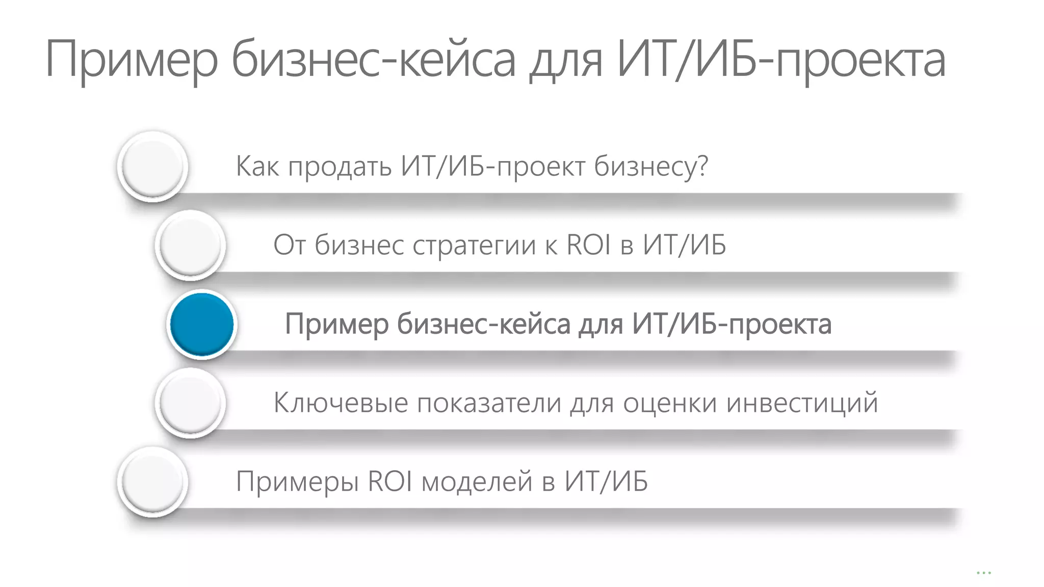 Пример бизнес-кейса для ИТ/ИБ-проекта
Как продать ИТ/ИБ-проект бизнесу?

От бизнес стратегии к ROI в ИТ/ИБ
Пример бизнес-кейса для ИТ/ИБ-проекта

Ключевые показатели для оценки инвестиций
Примеры ROI моделей в ИТ/ИБ
…

 